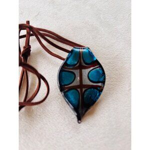Blue Brown Art Glass Pendant Necklace With Faux Suede Cord For Women